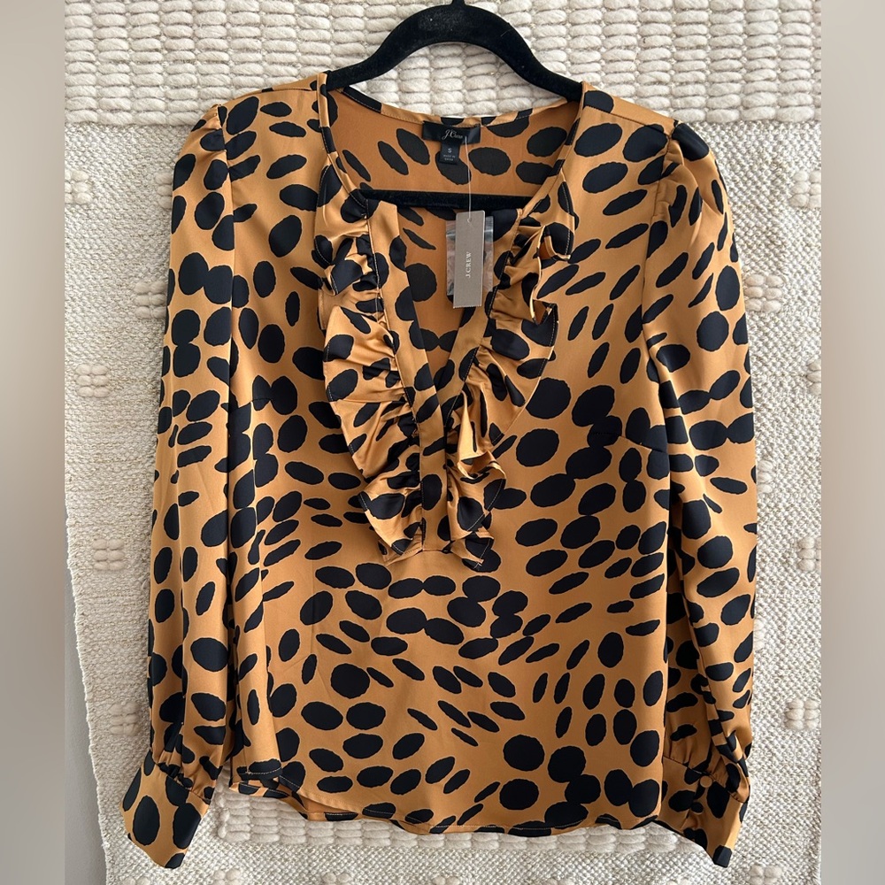 J. Crew Black and Tan Patterned Ruffle Blouse